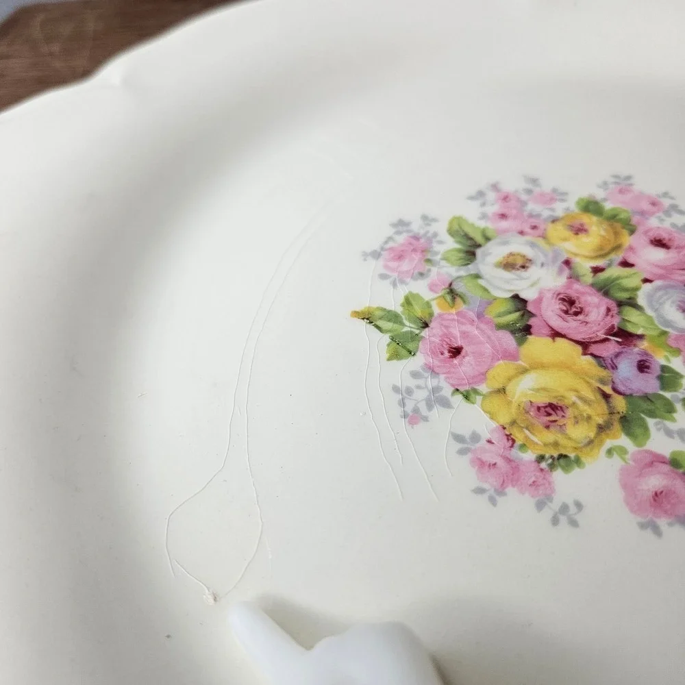 Edwin M Knowles China Floral Serving Platter Tab Handles Scalloped Gold Trim 12